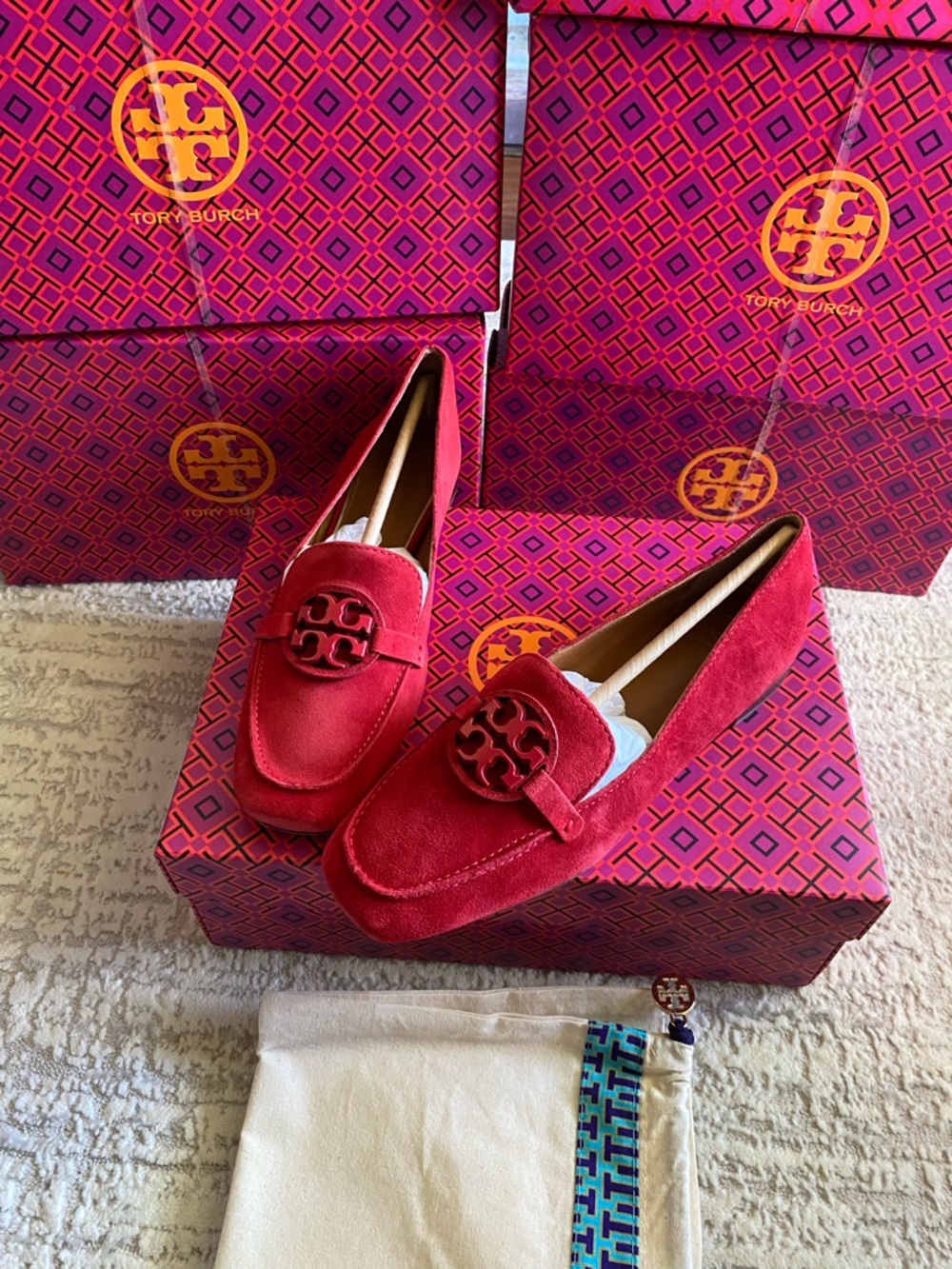 Tory Burch Red Suede Metal Miller Loafers